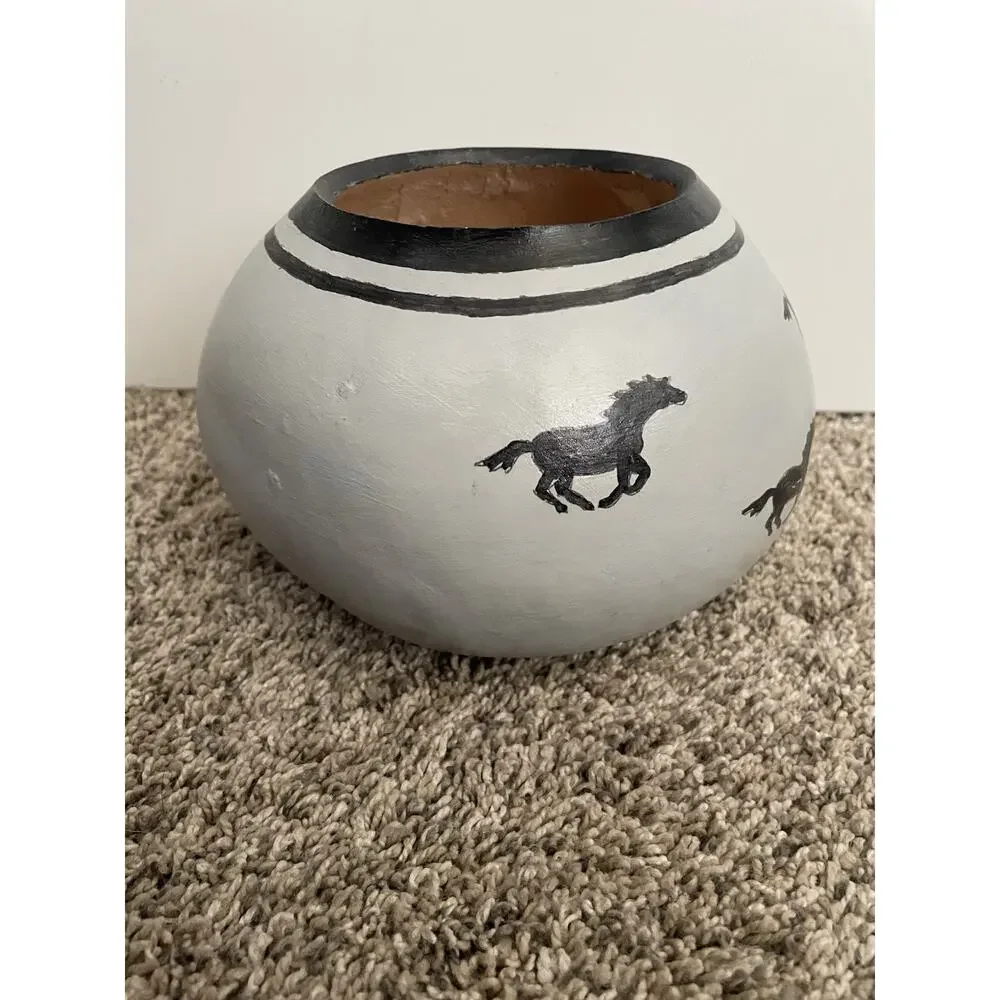 Gourd Bowl Vase Horses Hand-painted Hand Carved 2010 Signed Southwestern